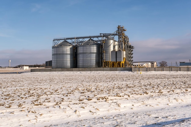 Agro silos ascensore per granaio in giornata invernale in campo nevoso Silos su impianto di produzione agroprocessing per la lavorazione, essiccazione, pulizia e stoccaggio di prodotti agricoli farina cereali e grano