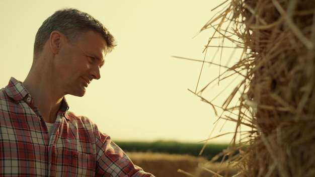 Agronomo che esamina la balla di fieno alla luce del sole in primo piano Ispezione focalizzata dell'agricoltore