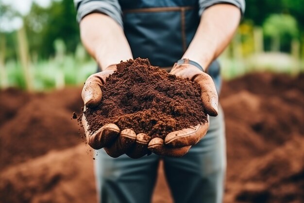 Agronomo che esamina un campione di suolo da un campo agricolo da vicino di una mano maschile che tiene un grano di terra