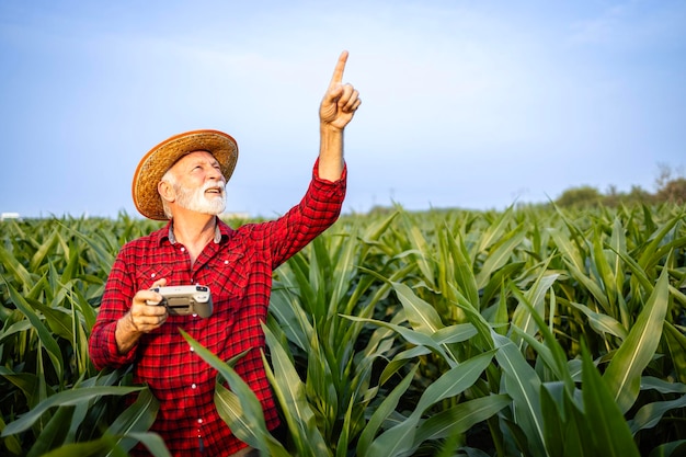 Agronomo che pilota un drone agricolo che monitora il campo di mais e raccoglie dati prima del raccolto