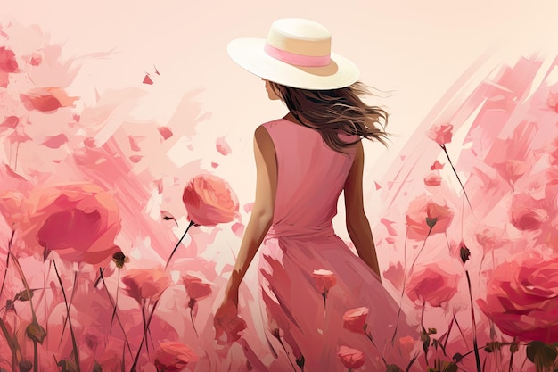 Agronomo donna in rosa con fiori rosa