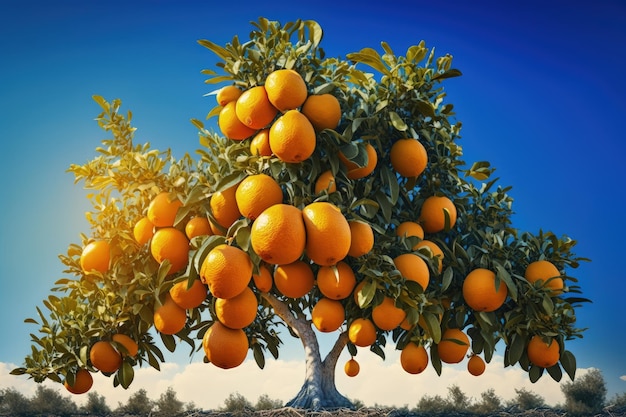 Agrumi in arancione brillante su un albero di Kumquat contro un cielo limpido