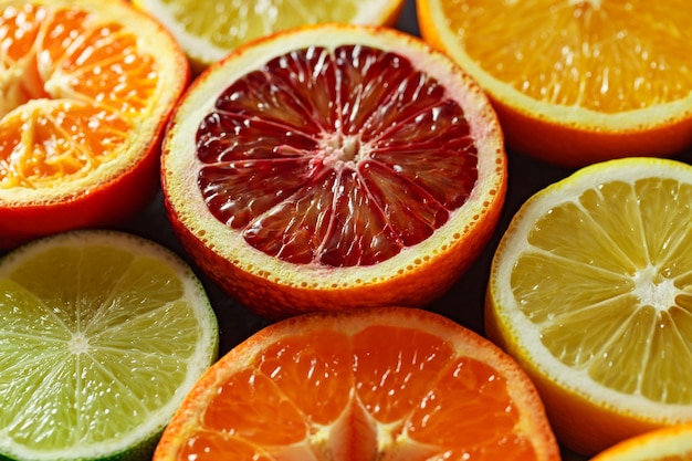 Agrumi tagliati a metà arance mandarini limoni limette vista laterale primo piano fuoco selettivo