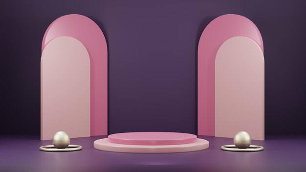 AH Sfondo 3d moderno del podio con palloncini dorati realistici e cornice rosa