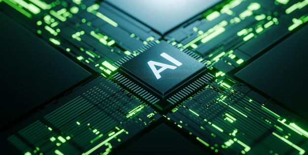 Ai and artificial intelligence chip on circuit board cpu processor technology concept