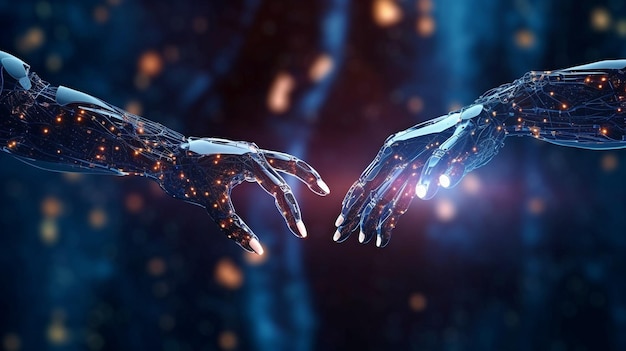 AI and machine learning Generative AI deep learning the Internet and a robot touching a massive data network