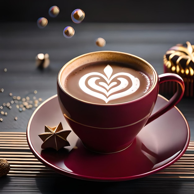 Ai art tazza di caffè con un latte art sul bordo e alcune piccole palline bianche rotonde di cioccolato