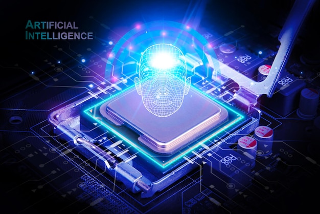 AI artificial intelligence concept Close up of microprocessor on computer motherboard with electronic circuit interface in dark background Futuristic innovative technologies 3D rendering