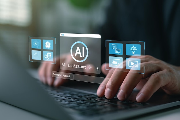 AI assistant dashboard interface with hands typing on laptop and virtual command prompt representing artificial intelligence tools smart assistant system and digital automation solutions