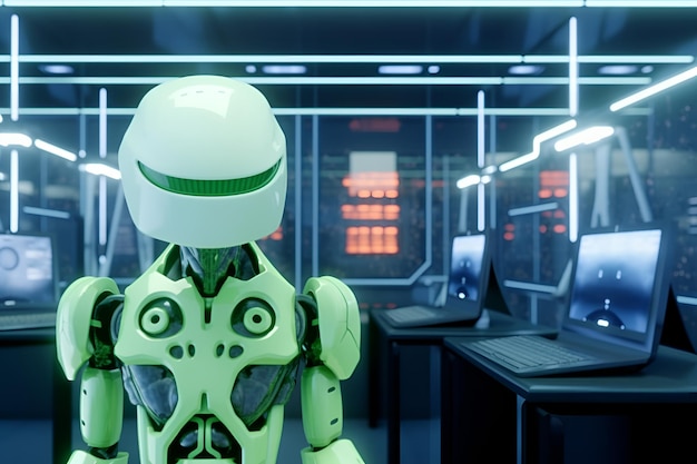 AI Bot al lavoro in una moderna centrale nucleare per controllare il sistema e risolvere i problemi