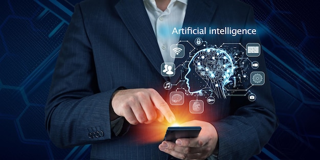 AI Chat bot e futuro concetto di marketing mano d'affari che tiene smartphone cellulare con infografica ai Concetto di intelligenza artificiale