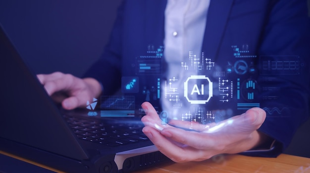 AI chat technology Businessman use smartphone with virtual screen of AI chatbot communicate