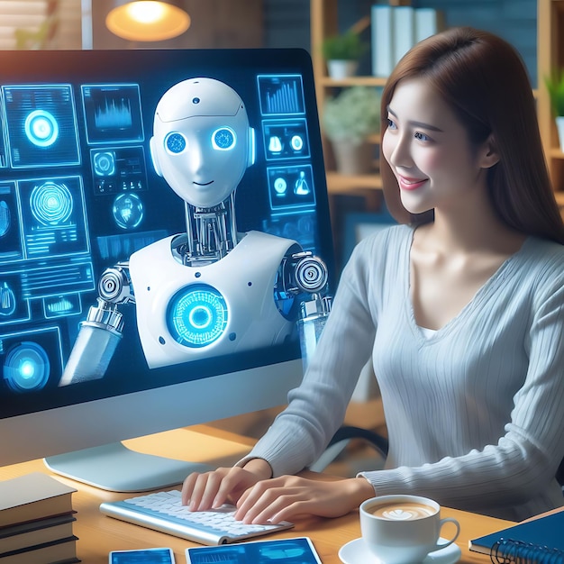 AI chatbot robot assistente seduto alla scrivania utilizzando il computer come intelligenza artificiale