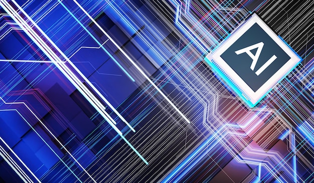 AI Chip Intelligenza artificiale Tecnologia di scheda di circuito Processore CPU di sfondo Computer scheda madre digitale Illustrazione 3D Circuito elettrico Processore di sfondo Chip
