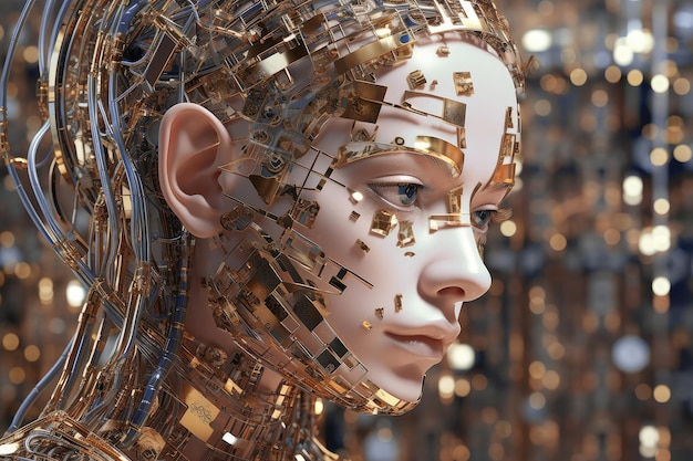 AI Concept Testa futuristica della donna del robot con un primo piano estremo del circuito del computer IA generativa