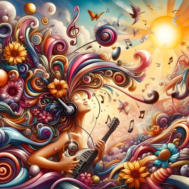 AI del surrealismo fantastico vortice immaginazione musica fiori soleggiata felicità viaggio gioioso vita