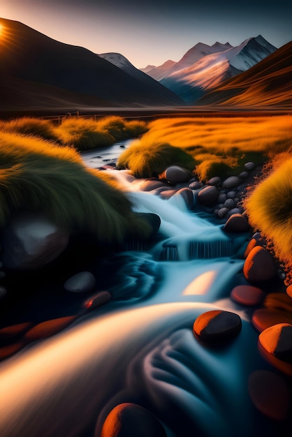 AI della fotografia a lenta esposizione dell'acqua che scorre dal fiume montuoso