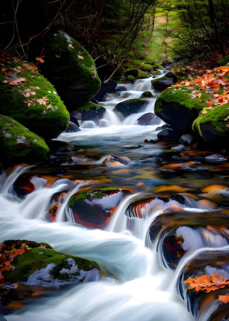 AI della fotografia a lenta esposizione dell'acqua che scorre dal fiume montuoso