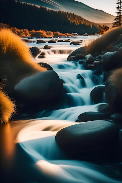 AI della fotografia a lenta esposizione dell'acqua che scorre dal fiume montuoso