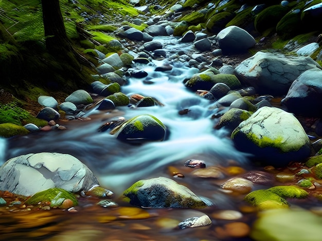 AI della fotografia a lenta esposizione dell'acqua che scorre dal fiume montuoso