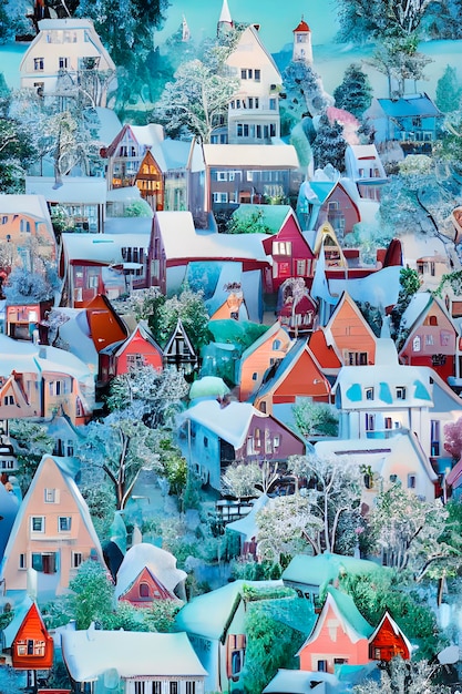 AI delle case d'arte popolare scandinave in inverno in una piccola città tra le foreste