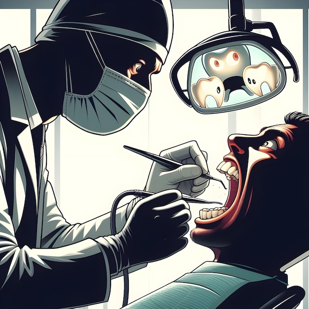 AI di comica caricatura scena di dentisti mano estrarre i pazienti dente in silhouette