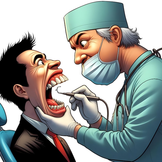 AI di comica caricatura scena di dentisti mano estrarre i pazienti dente in silhouette