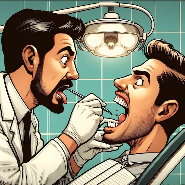 AI di comica caricatura scena di dentisti mano estrarre i pazienti dente in silhouette