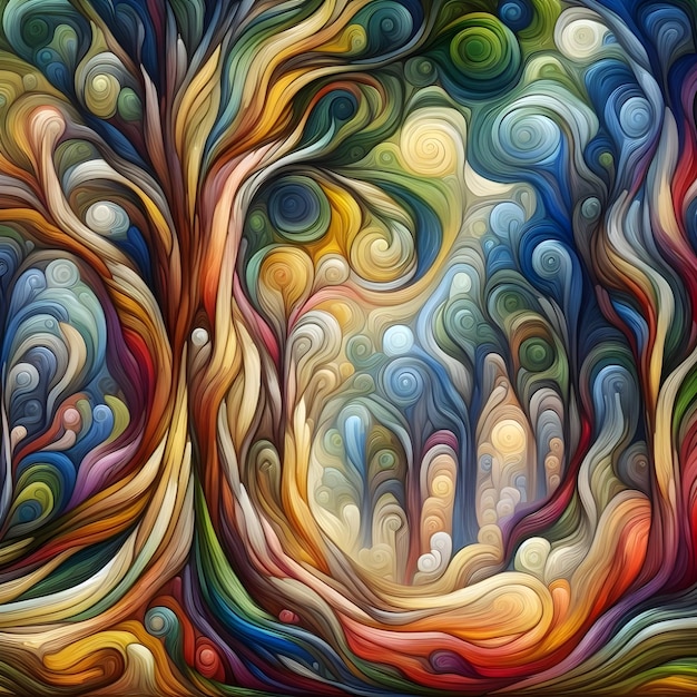 AI di eleganti alberi della foresta colorati che si mescolano con la pittura a olio colorata e il curling
