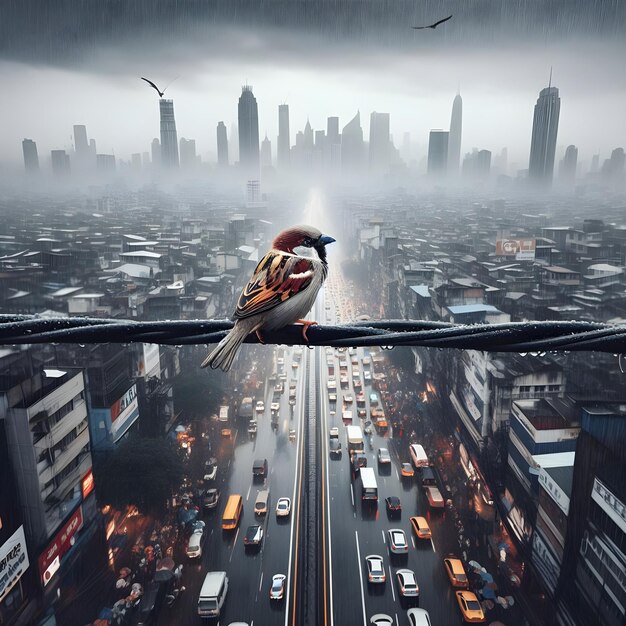 AI di uccello passero in piedi su un filo elettrico sottile a un'enorme altezza su una strada trafficata paesaggio sk
