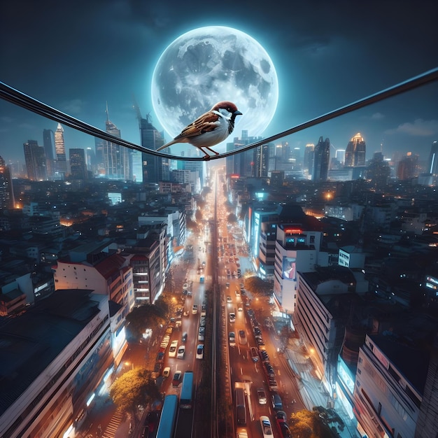 AI di uccello passero in piedi su un sottile filo elettrico a un'enorme altezza su un paesaggio di strada trafficata