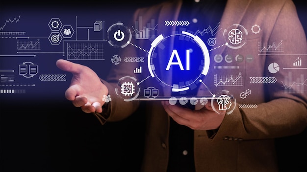 AI e innovazione crescita futura concetto di automazione con un uomo d'affari che utilizza un tablet Nuova tecnologia