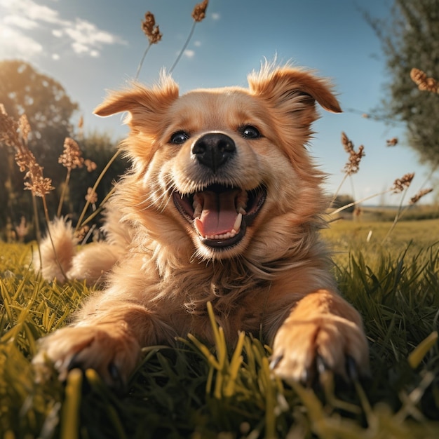 AI foto generativa di alta qualità di un cane felice che gioca a palla sull'erba