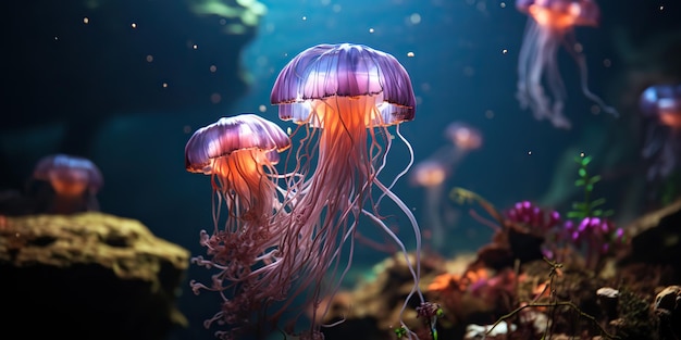 AI generata AI generativa Medusa rossa sotto l'acqua fauna selvatica mare vita dell'acquario oceano