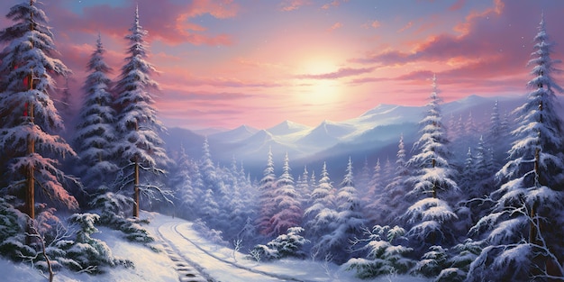 AI generata AI generativa Natura all'aperto selvaggia inverno neve foresta paesaggio di alberi di montagna