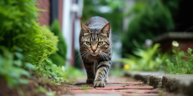 AI generata AI generativa Un gatto solitario animale domestico che cammina per strada città sfondo urbano