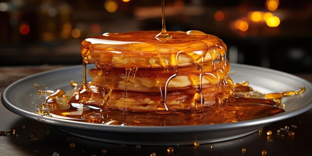 AI Generated AI Generative American pancake freschi al forno con sciroppo di miele e bacche