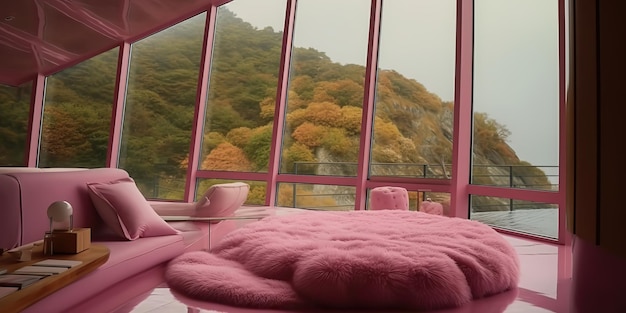 AI Generated AI Generative Camera da letto di lusso rosa con vista dalla finestra sulla foresta naturale all'aperto