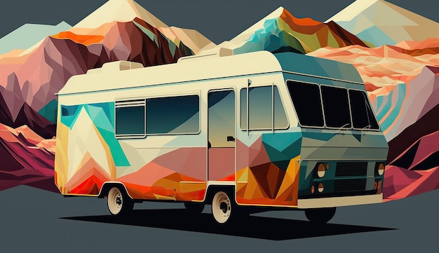 AI Generated AI Generative Low Poly cartoon kid style camper furgone con montagne