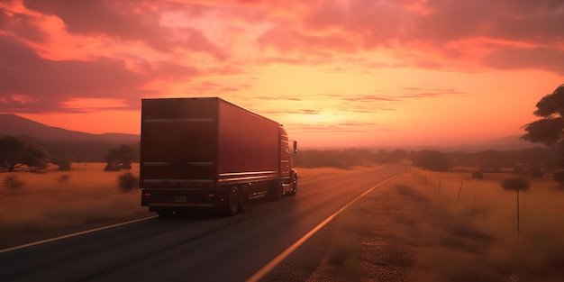 AI Generated AI Generative Truck auto mobile nel parcheggio in autostrada con vista sulla campagna al tramonto