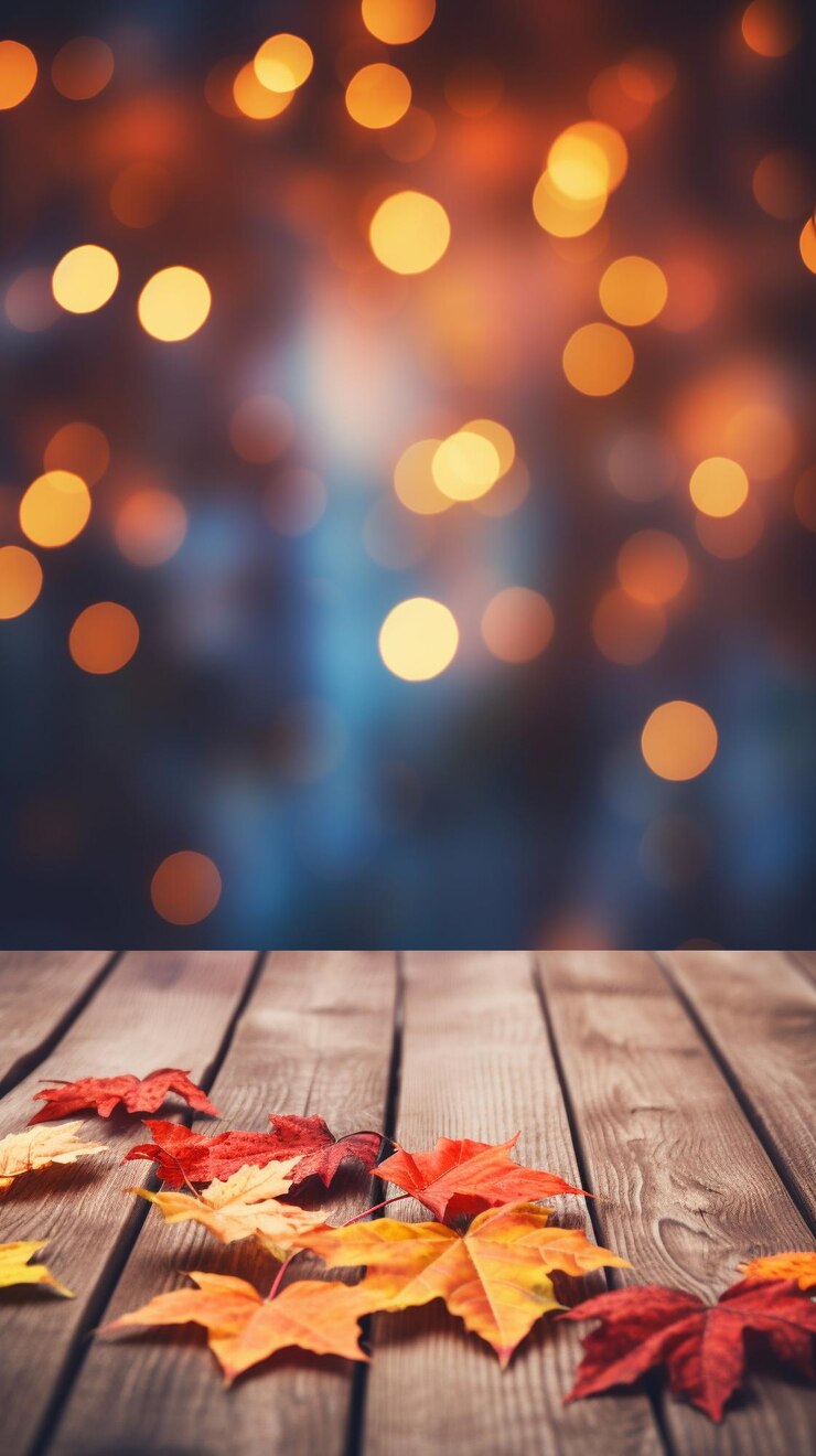 AI Generated autumn maple leaves on wooden plank stand table with glittering bokeh background