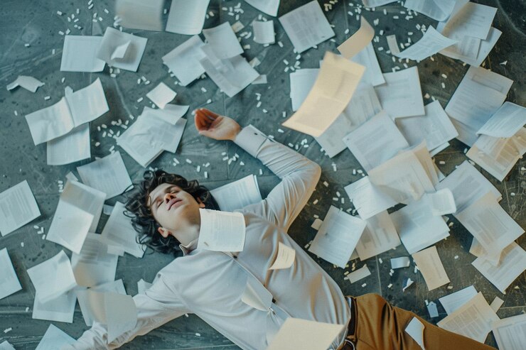 AI Generated exhausted businessman lying down on the ground with huge of flying documents and paper