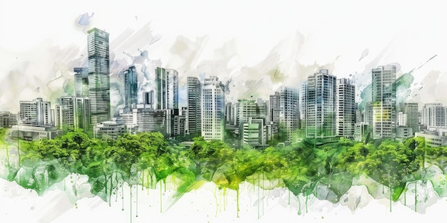 AI generativa Acquerello dipinto verde ecologia paesaggio urbano vita sostenibile