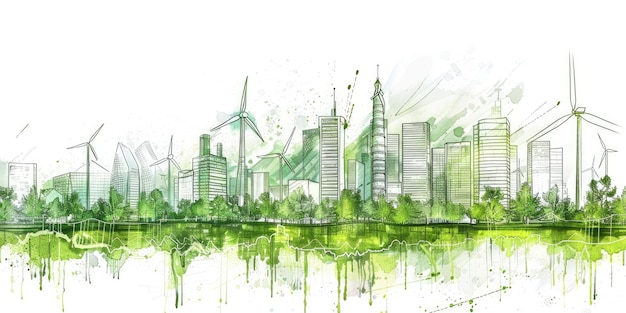 AI generativa Acquerello verde ecologia paesaggio urbano Vita sostenibile Orizzonte ecologico