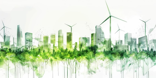 AI generativa Acquerello verde ecologia paesaggio urbano Vita sostenibile Orizzonte ecologico