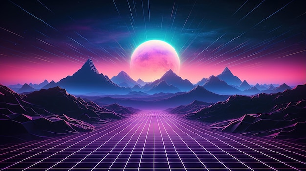 AI generativa anni '80 retrò futuristico scifi nostalgico anni '90 Notte e tramonto colori al neon cyberpunk illustrazione vintage Sole montagne e palme Retrowave VJ paesaggio videoludico