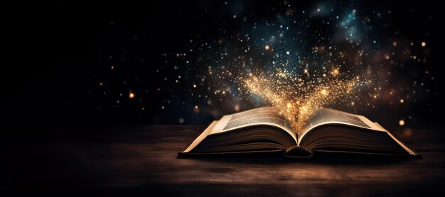 AI generativa apre un libro antico su sfondo scuro con luci magiche luccicanti sovrapposizione sfocata