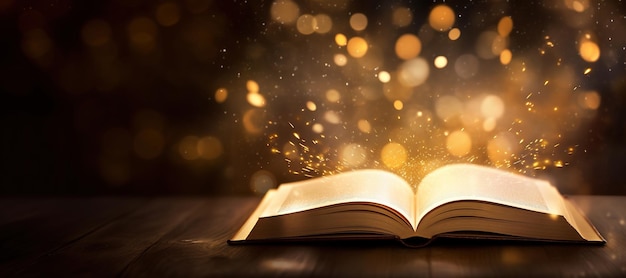 AI generativa apre un libro antico su un tavolo di legno con luci magiche luccicante dorata sovrapposizione sfocata