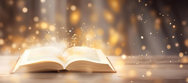 AI generativa apre un libro antico su un tavolo di legno con luci magiche scintilla sovrapposizione sfocata