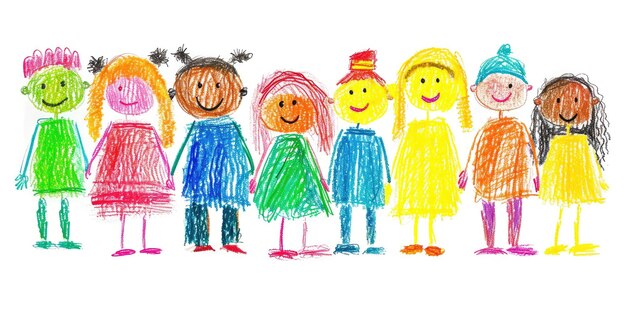 AI generativa Arte disegnata a matita da bambini ingenui che illustrano diverse persone multietniche